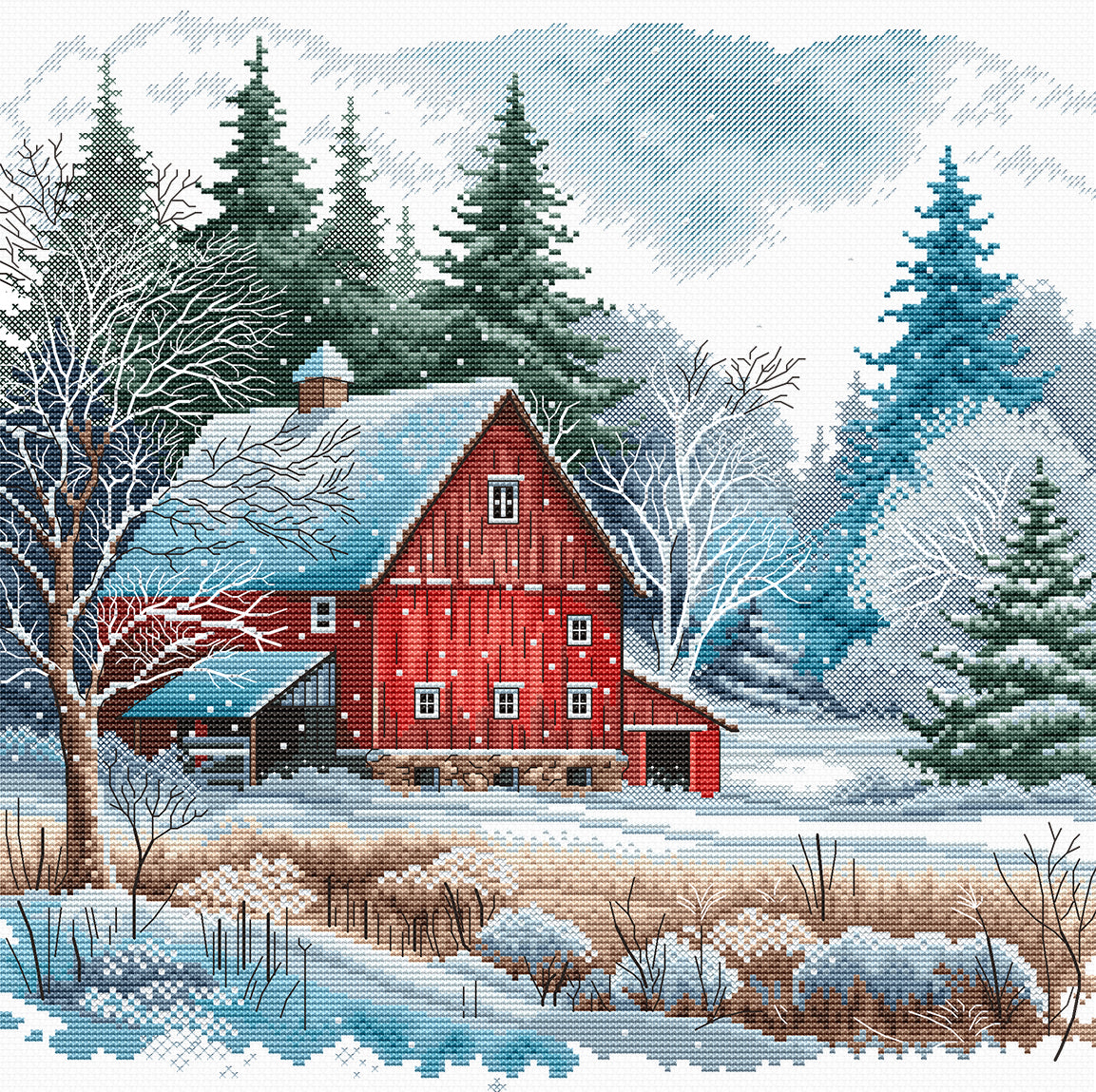 Kit de Punto de Cruz "La Cabaña Roja bajo la Nieve" P044 de AVA