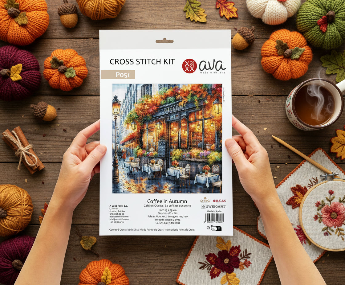 Presentación del kit de punto de cruz P051 Café en Otoño AVA Stitch