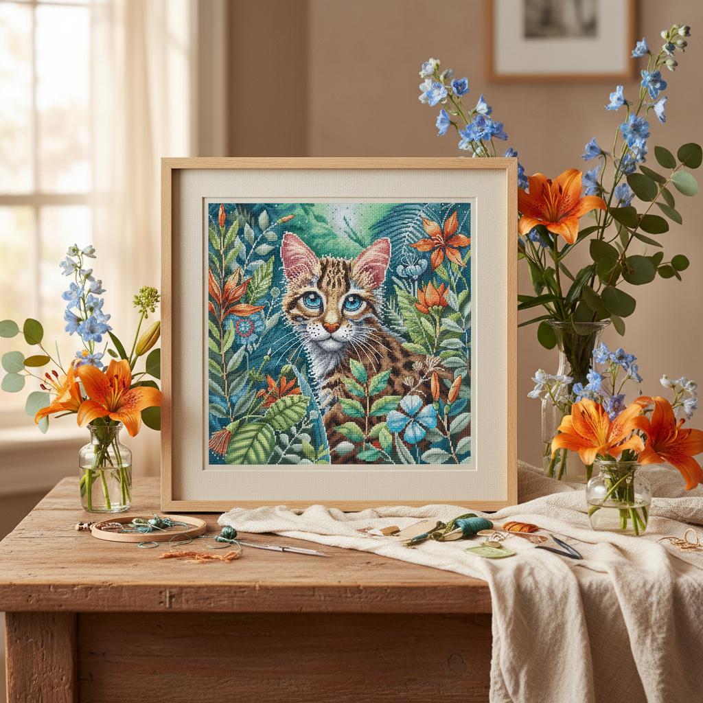 Kit de point de croix AVA P074 – Chaton en fleurs