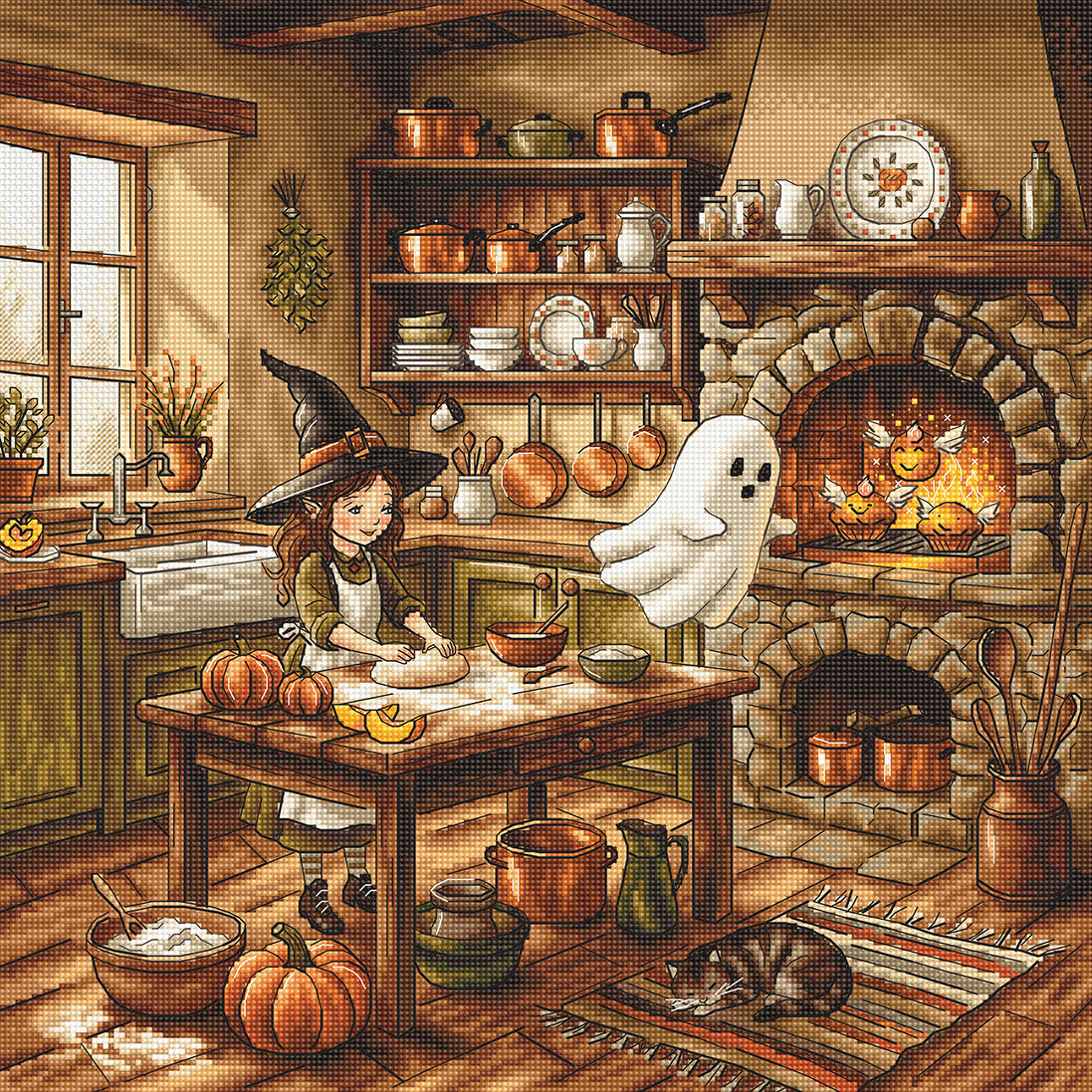 Kit de punto de cruz AVA Stitch P105 Autumn Magic Kitchen con niña bruja preparando masa en una cocina otoñal, fantasma, calabazas, horno encendido y gato dormido.