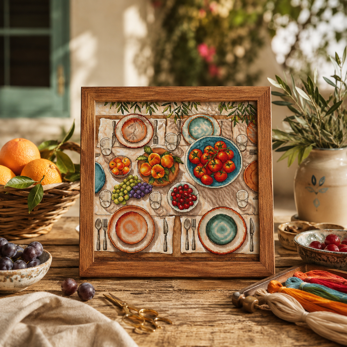 Kit de punto de cruz AVA Stitch P139 Mediterranean Table – Mesa Mediterránea 31,75x31,75 cm