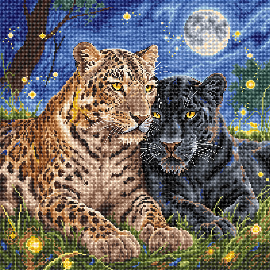 Kit de punto de cruz AVA P160 La Noche de los Felinos con una composición artística protagonizada por grandes felinos bajo un paisaje nocturno, bordado sobre tela Zweigart Aida 16 ct.