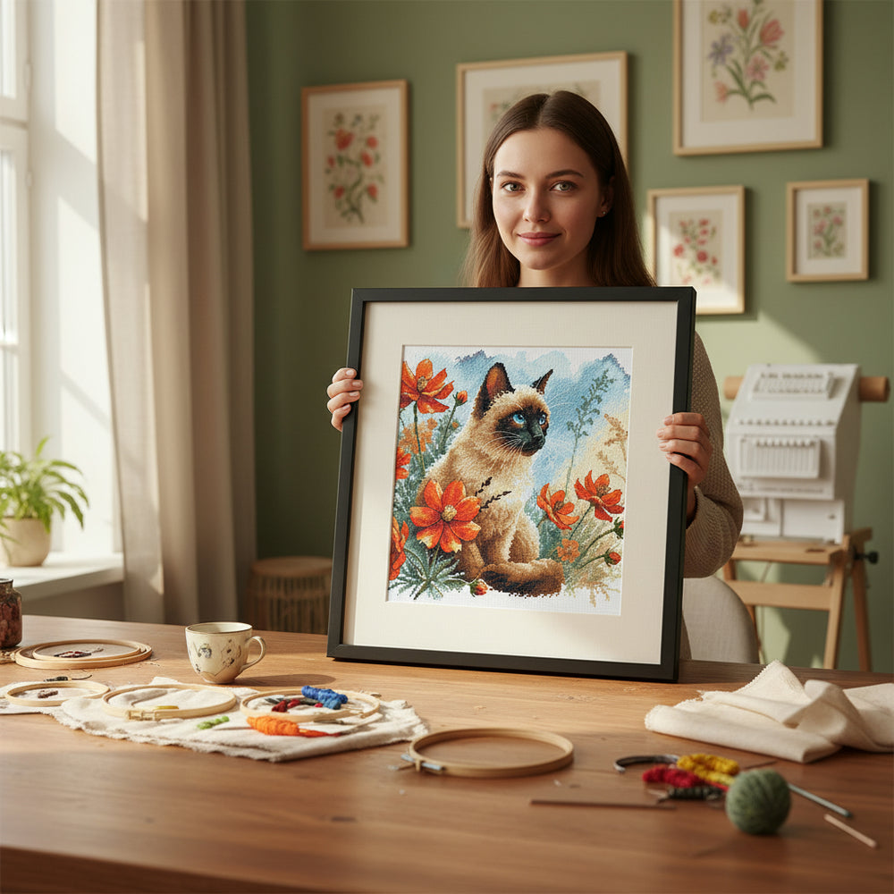 AVA P172 – The Cat’s Garden | Kit de punto de cruz con gato siamés y flores