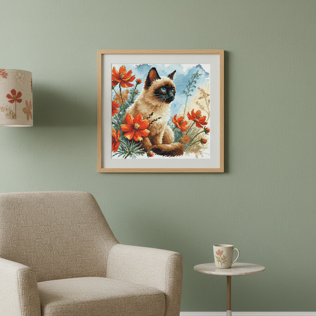 AVA P172 – The Cat’s Garden | Kit de punto de cruz con gato siamés y flores