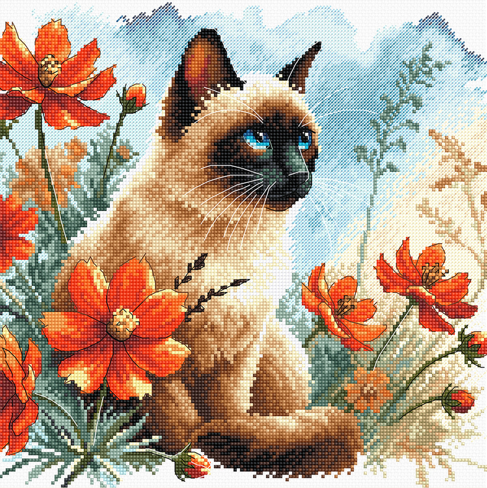 AVA P172 – The Cat’s Garden | Kit de punto de cruz con gato siamés y flores