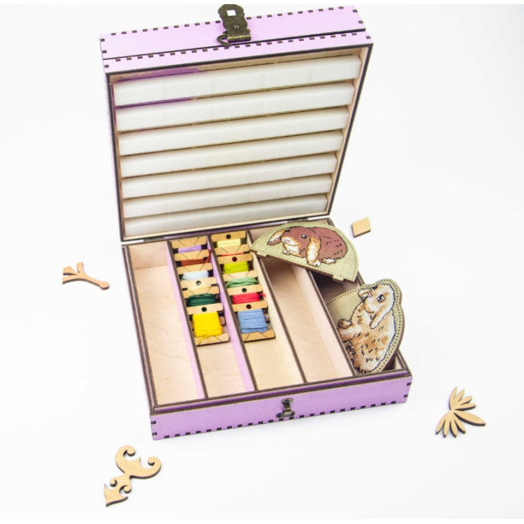 Organizador para Agujas con Caja de Hilos en Base de Madera, Lavanda, 210 Huecos OG-067