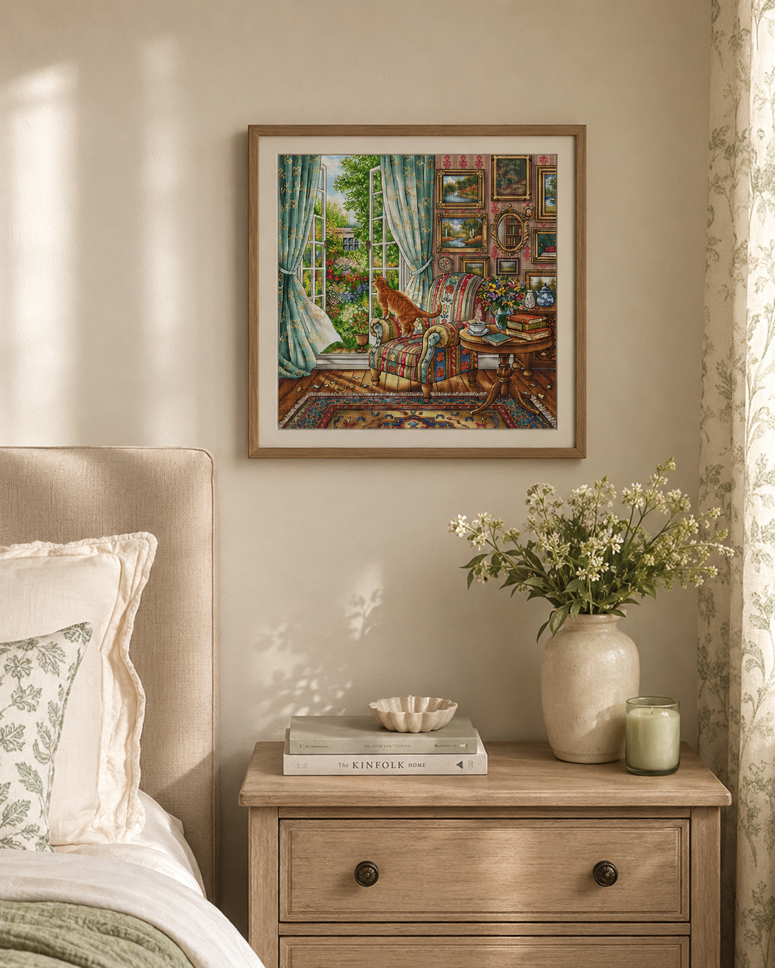 Bordado AVA P164 Sunny Morning enmarcado en dormitorio acogedor