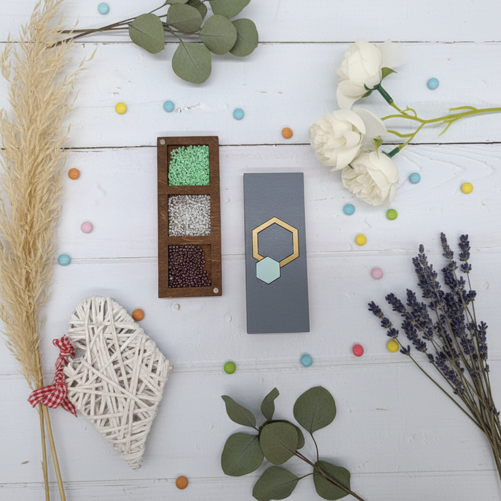 Boîte à perles en bois. Hexagone Turquoise KF027/105