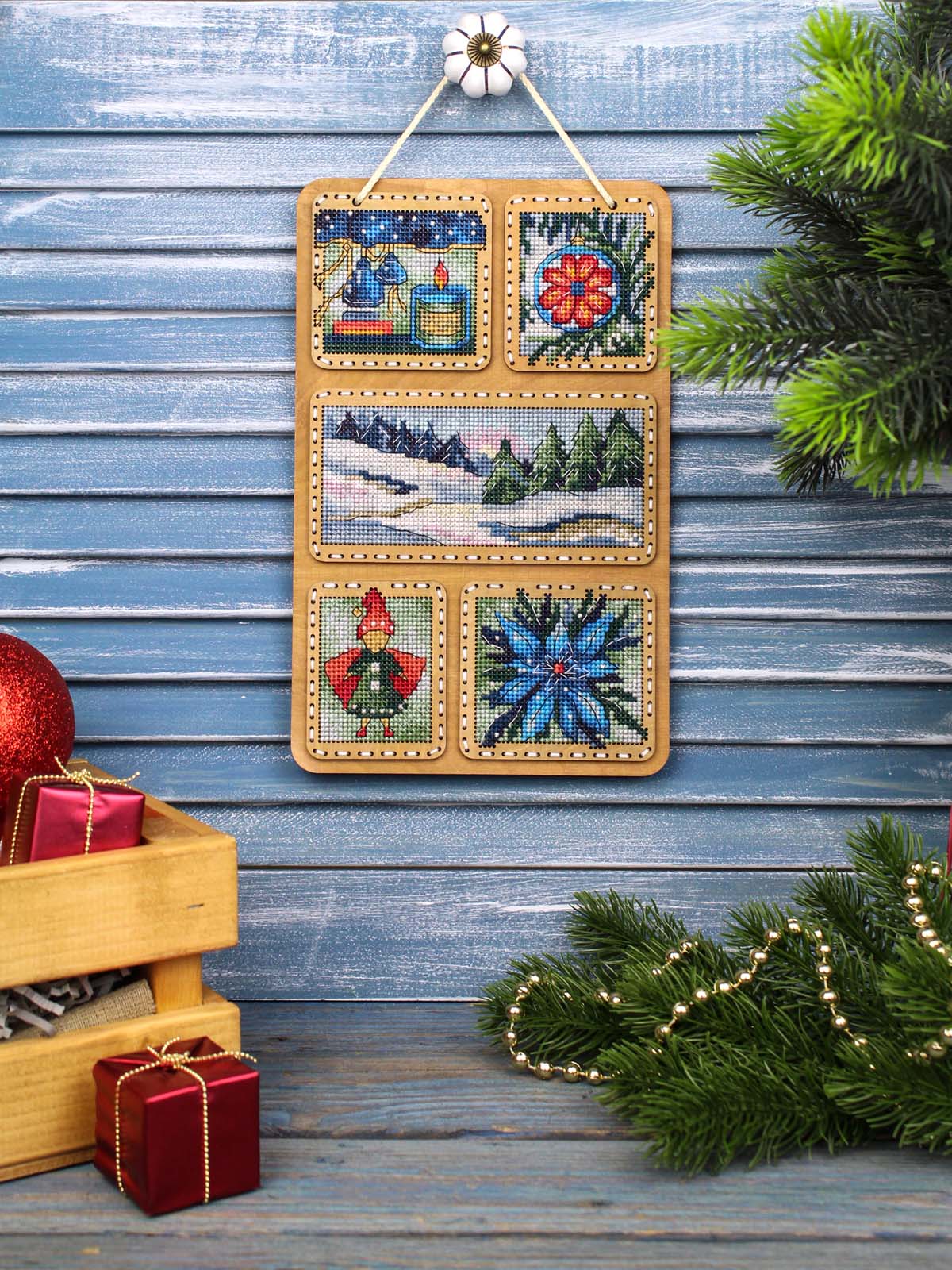 Kit de Punto de Cruz sobre Base de Madera “Winter Collage” MP Studia SO-124 – Decoración Invernal 26×17 cm
