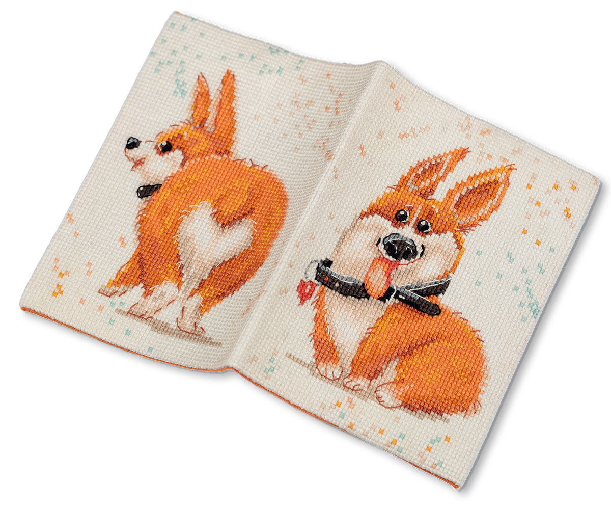 Kit de punto de cruz PANNA Funda para pasaporte Corgi OP-7393 con diseño de perro corgi sobre tela Aida blanca