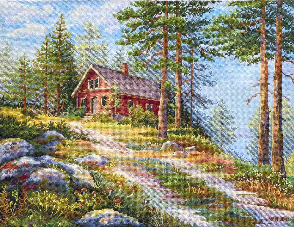 Kit de point de croix - K-254 Merejka - Cabane rouge dans les bois