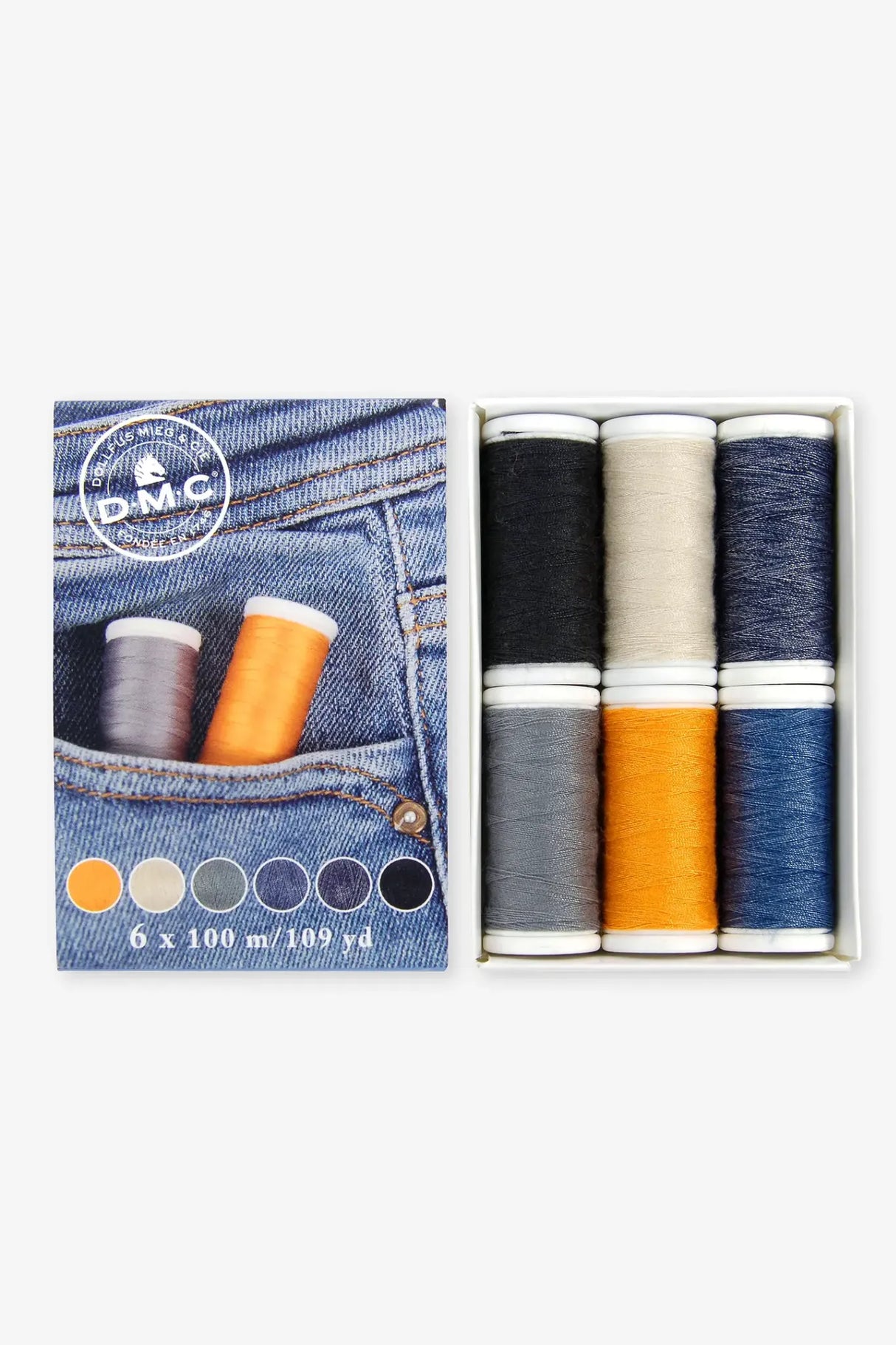 Caja abierta DMC 3023B con seis carretes de hilo para coser tejidos vaqueros