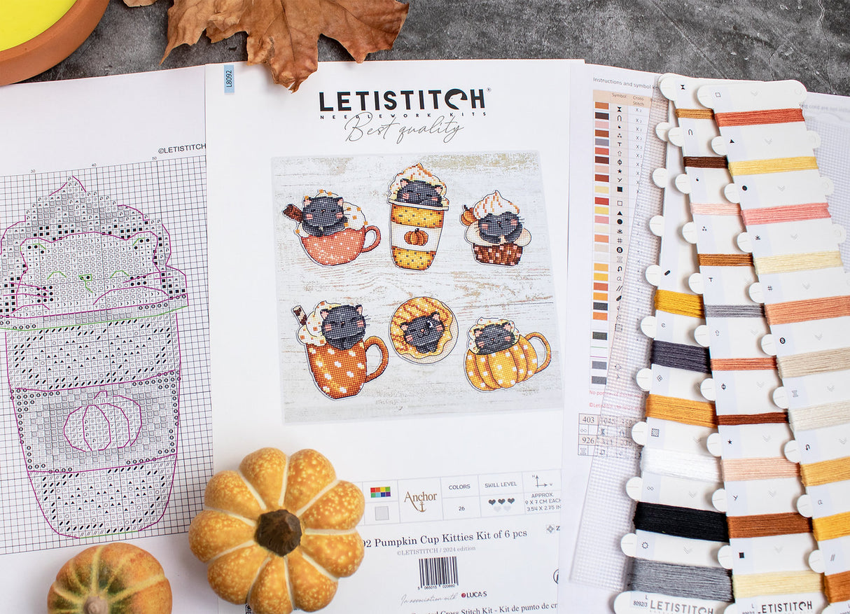 Letistitch "Kitties in Pumpkin Cups" Cross Stitch Kit L8092 - Set of 6
