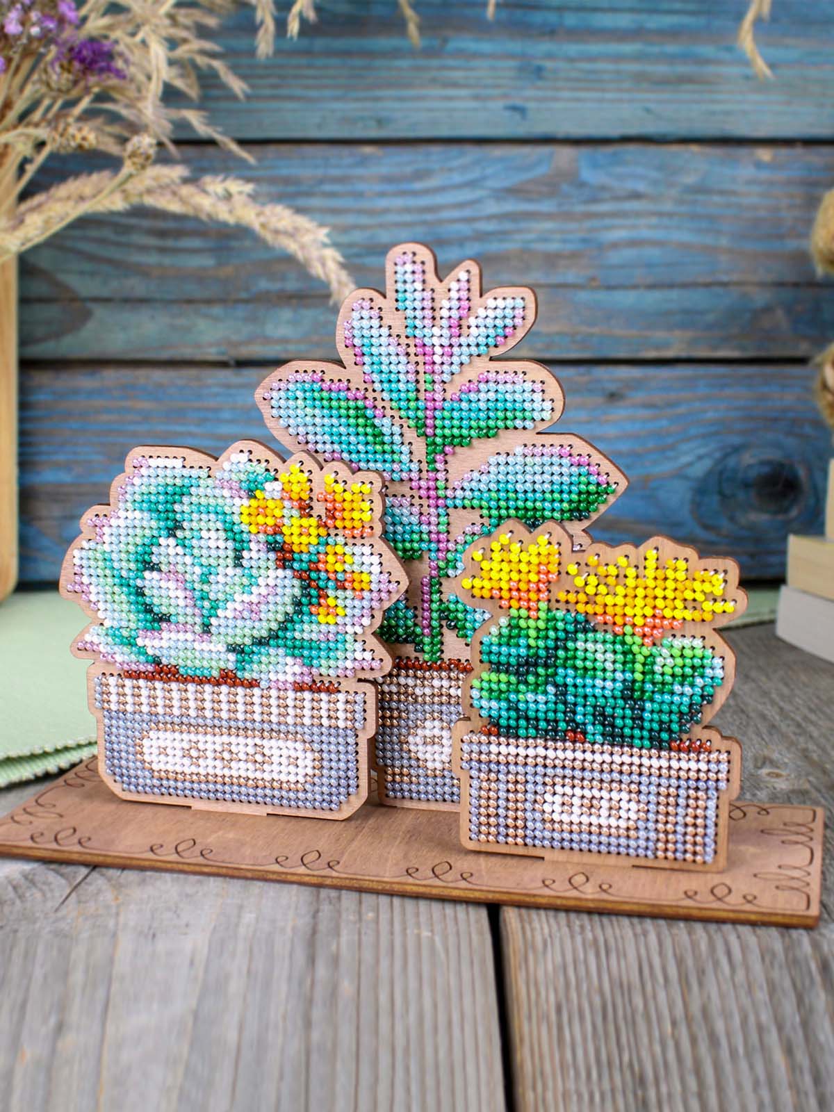 Kit avec perles sur base en bois « Succulent Garden » MP Studia SO-160 – Décoration 3D 14×20×7 cm