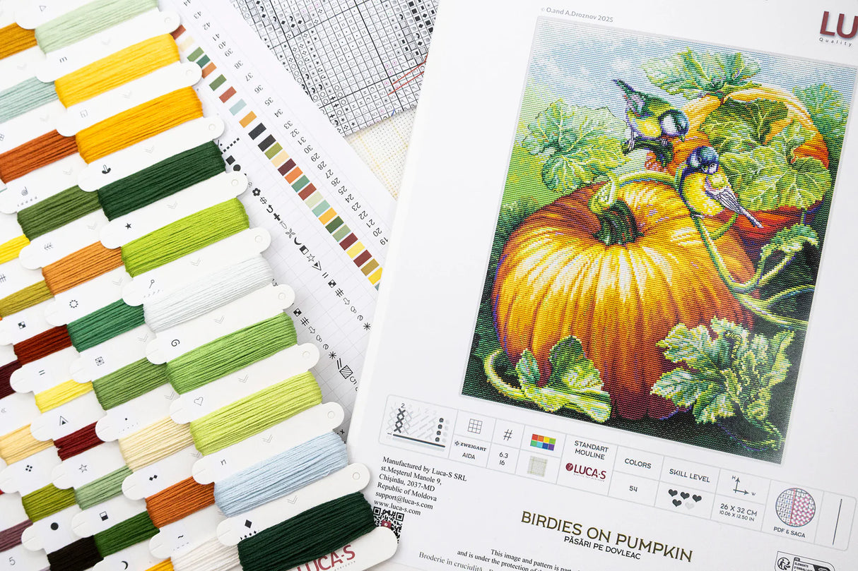 Materiales del kit de punto de cruz Luca-S Birdies On Pumpkin