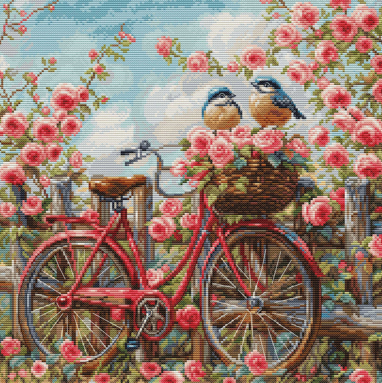 Kit de punto de cruz Luca-S GOLD Bicycle with Roses BU5061 con paisaje floral y bicicleta