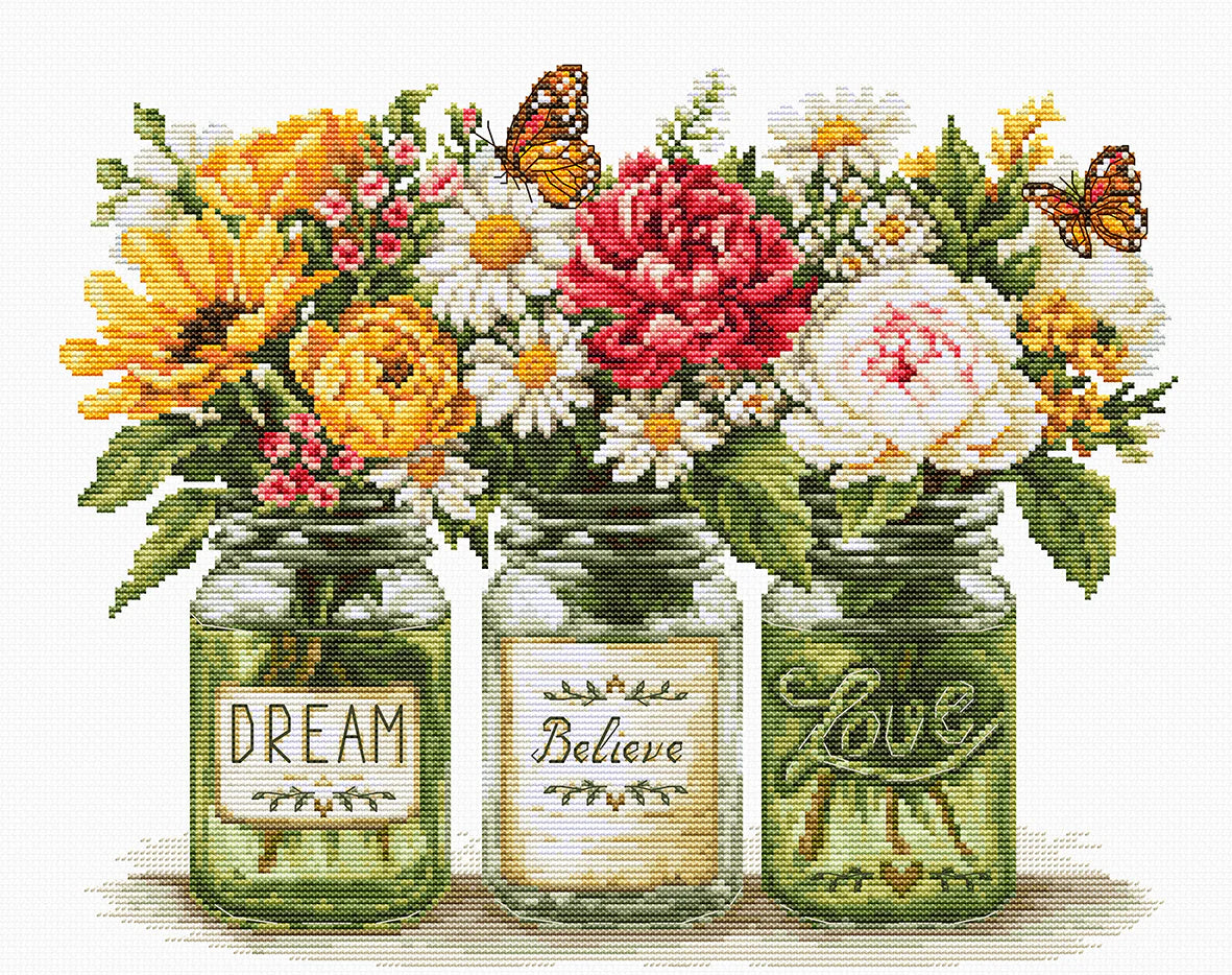 Kit de punto de cruz Luca-S B7064 Dream Before Love con flores en tarros de cristal y mariposas