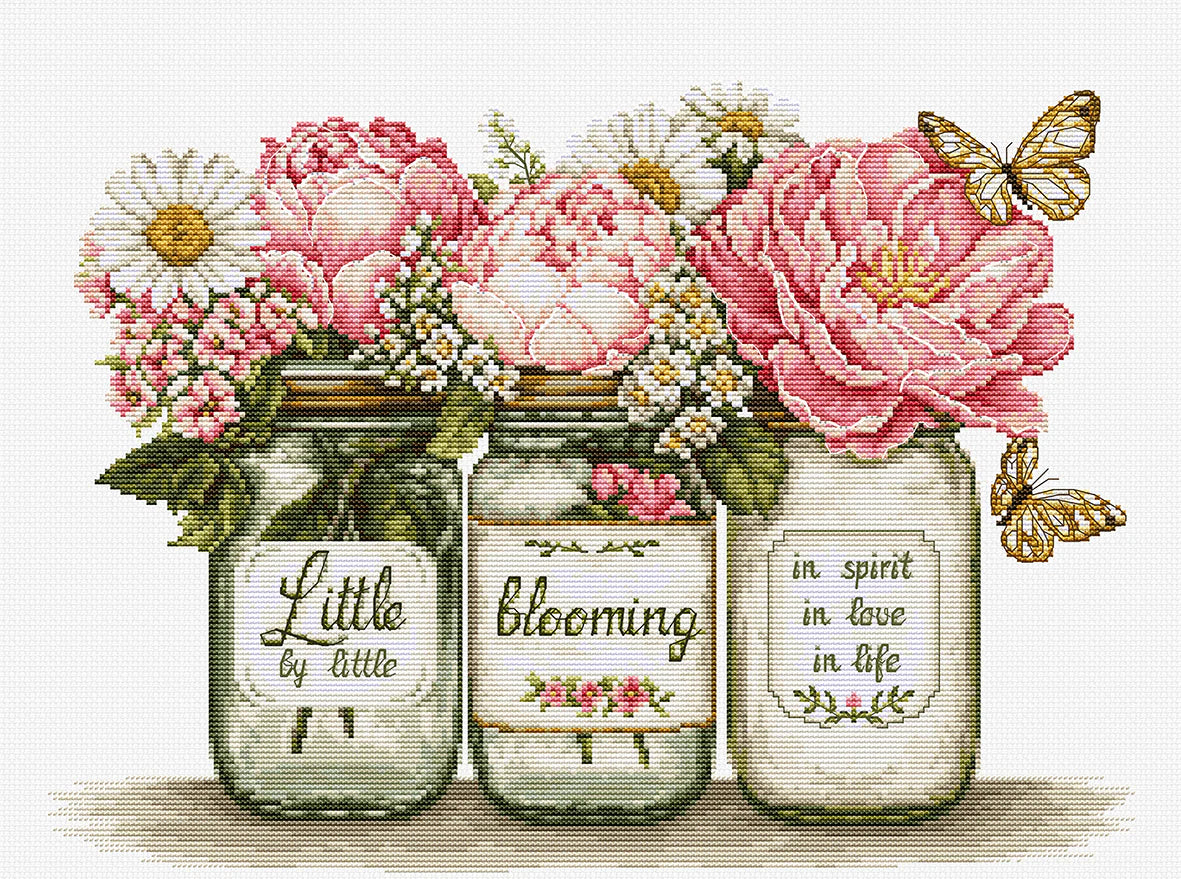 Kit de punto de cruz Luca-S B7065 Little by Little Blooming con flores en tarros de cristal y mariposas