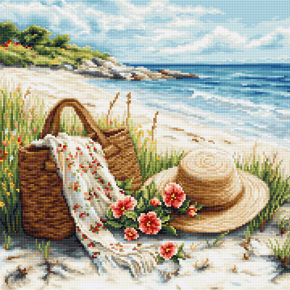 Kit de punto de cruz Luca-S B732 Echo of Summer con paisaje de playa, sombrero, cesta, flores y mar al fondo bordado sobre Aida Zweigart.