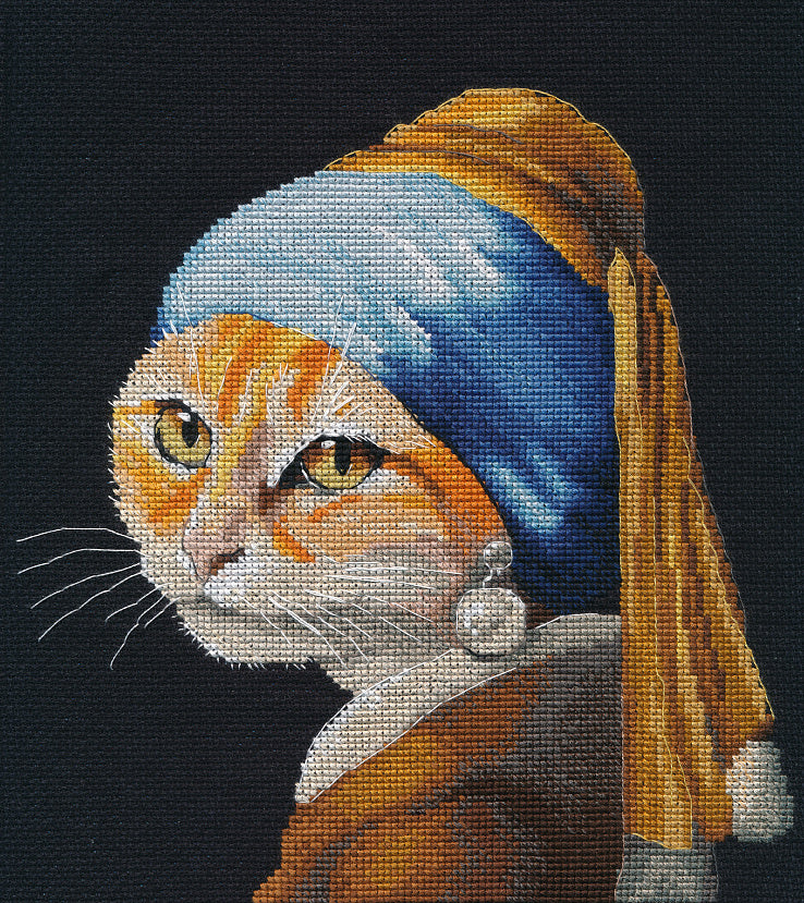 Kit de Punto de Cruz "Gatita con Arete de Perla" Oven 1654 – Inspirado en el Arte Clásico