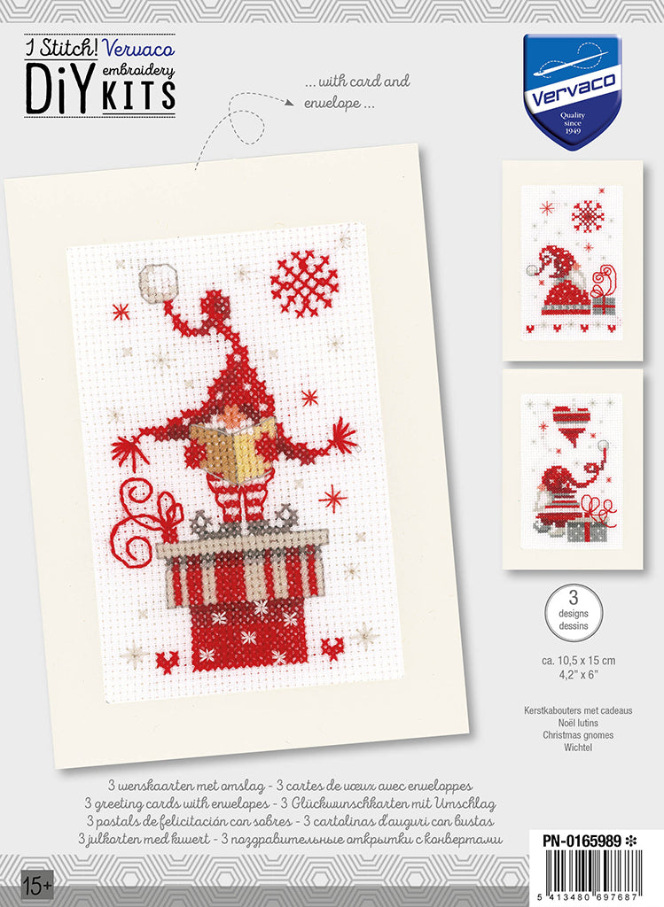 Tarjetas de felicitación: Gnomos de Navidad - Vervaco - Kit de punto de cruz PN-0165989