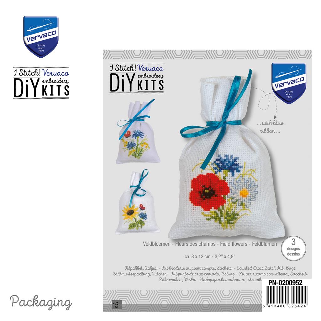 Vervaco Cross Stitch Embroidery Bags Kit - Flowers of the Field, Set of 3