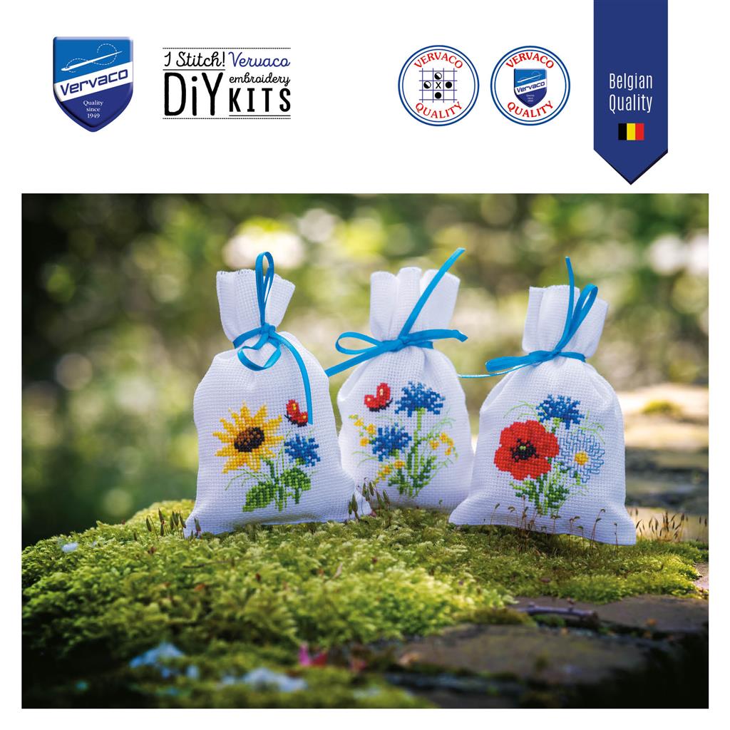 Vervaco Cross Stitch Embroidery Bags Kit - Flowers of the Field, Set of 3