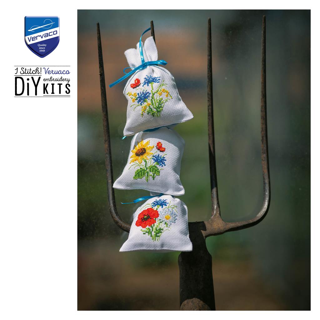 Vervaco Cross Stitch Embroidery Bags Kit - Flowers of the Field, Set of 3