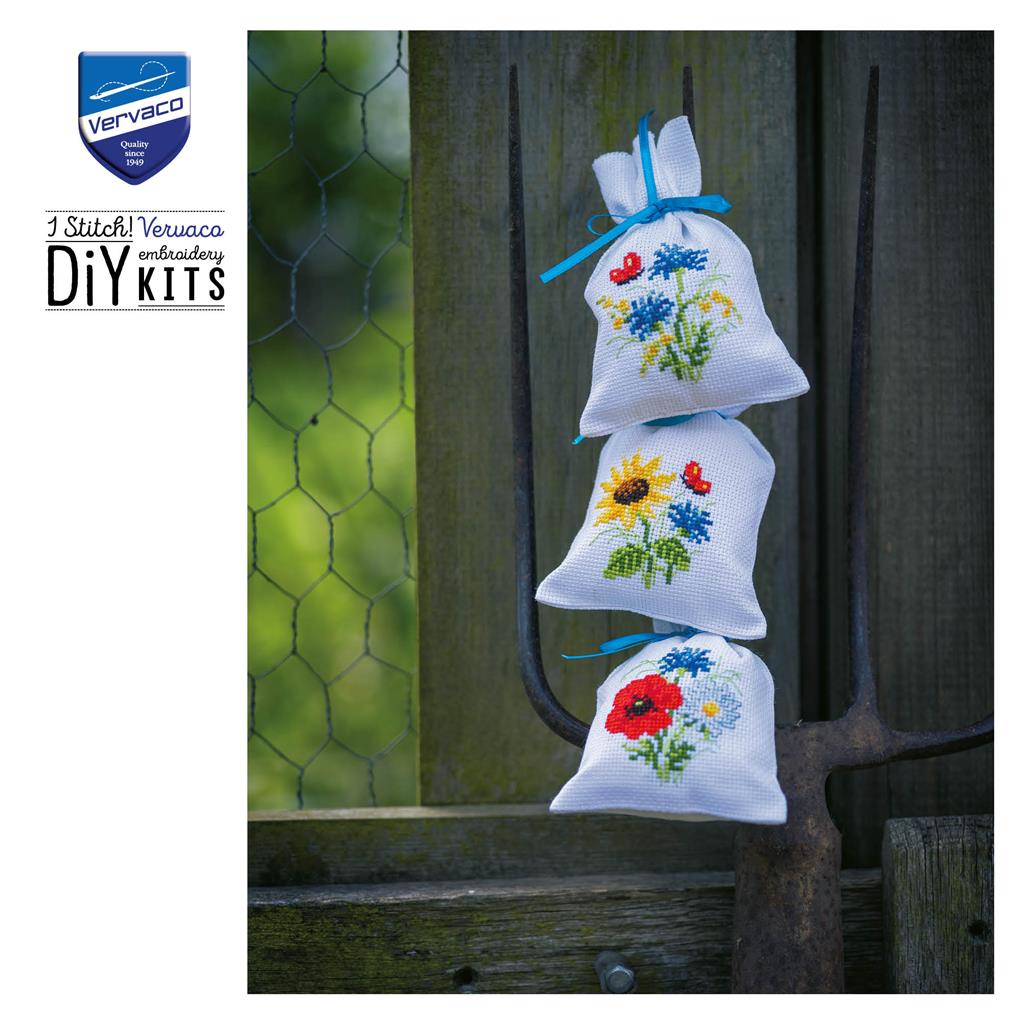 Vervaco Cross Stitch Embroidery Bags Kit - Flowers of the Field, Set of 3