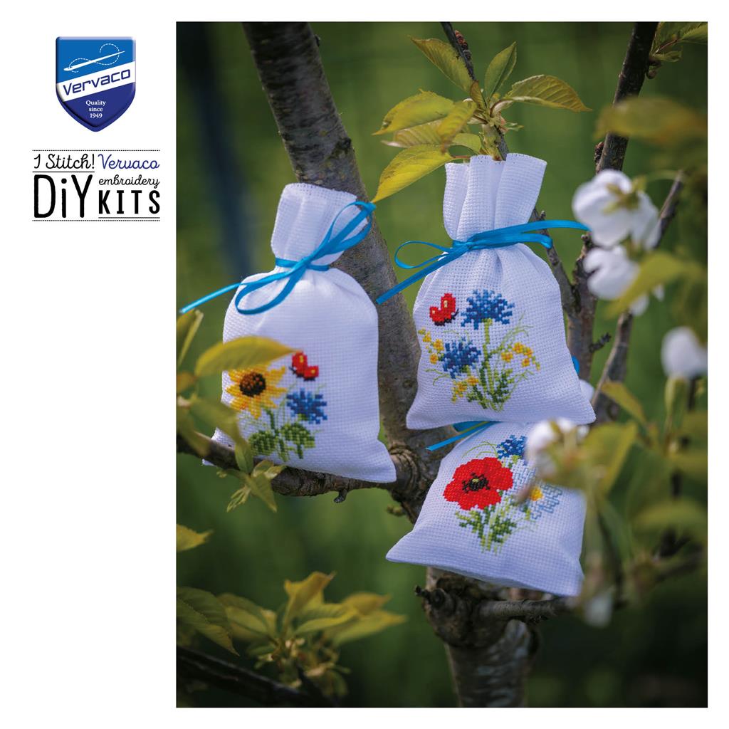 Vervaco Cross Stitch Embroidery Bags Kit - Flowers of the Field, Set of 3