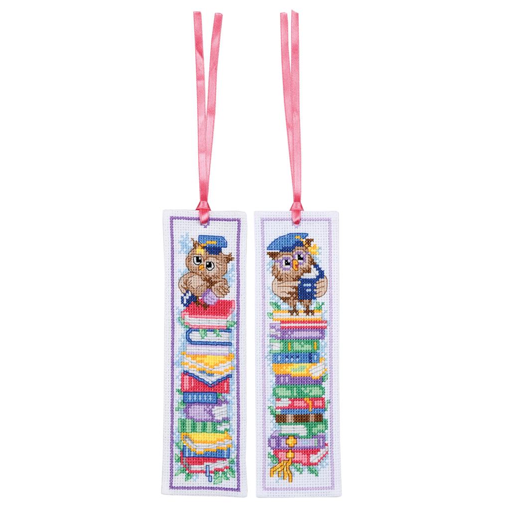 Kit de punto de cruz Vervaco PN-0202222 con dos marcapáginas de búhos sobre pilas de libros, bordados sobre tela Aida 14 ct, tamaño 6 × 20 cm.