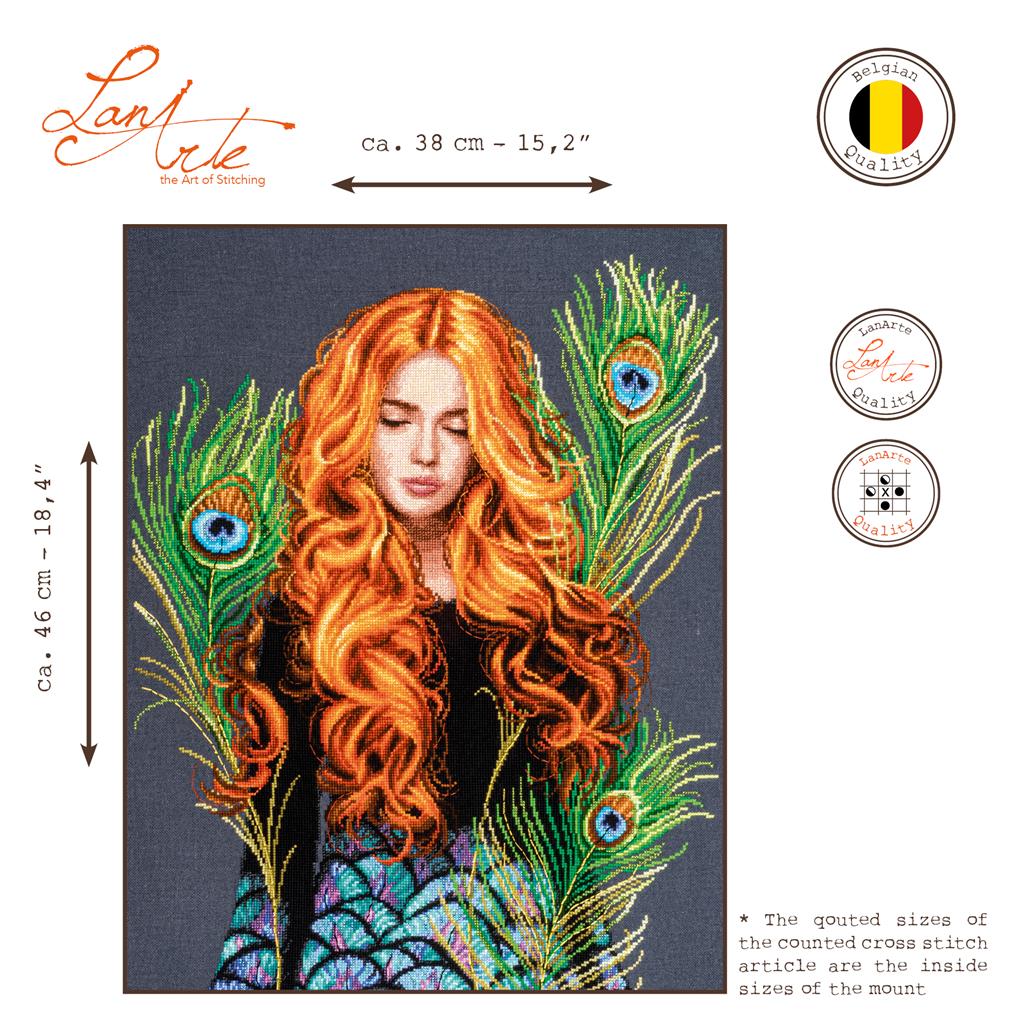 Lanarte The Peacock’s Muse Cross Stitch Kit with DMC threads and metallic accents