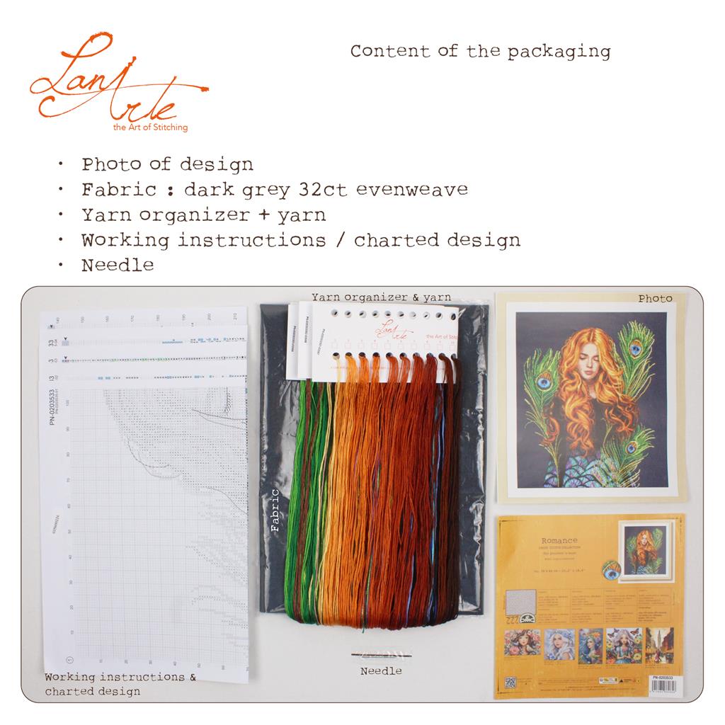 Lanarte The Peacock’s Muse Cross Stitch Kit with DMC threads and metallic accents