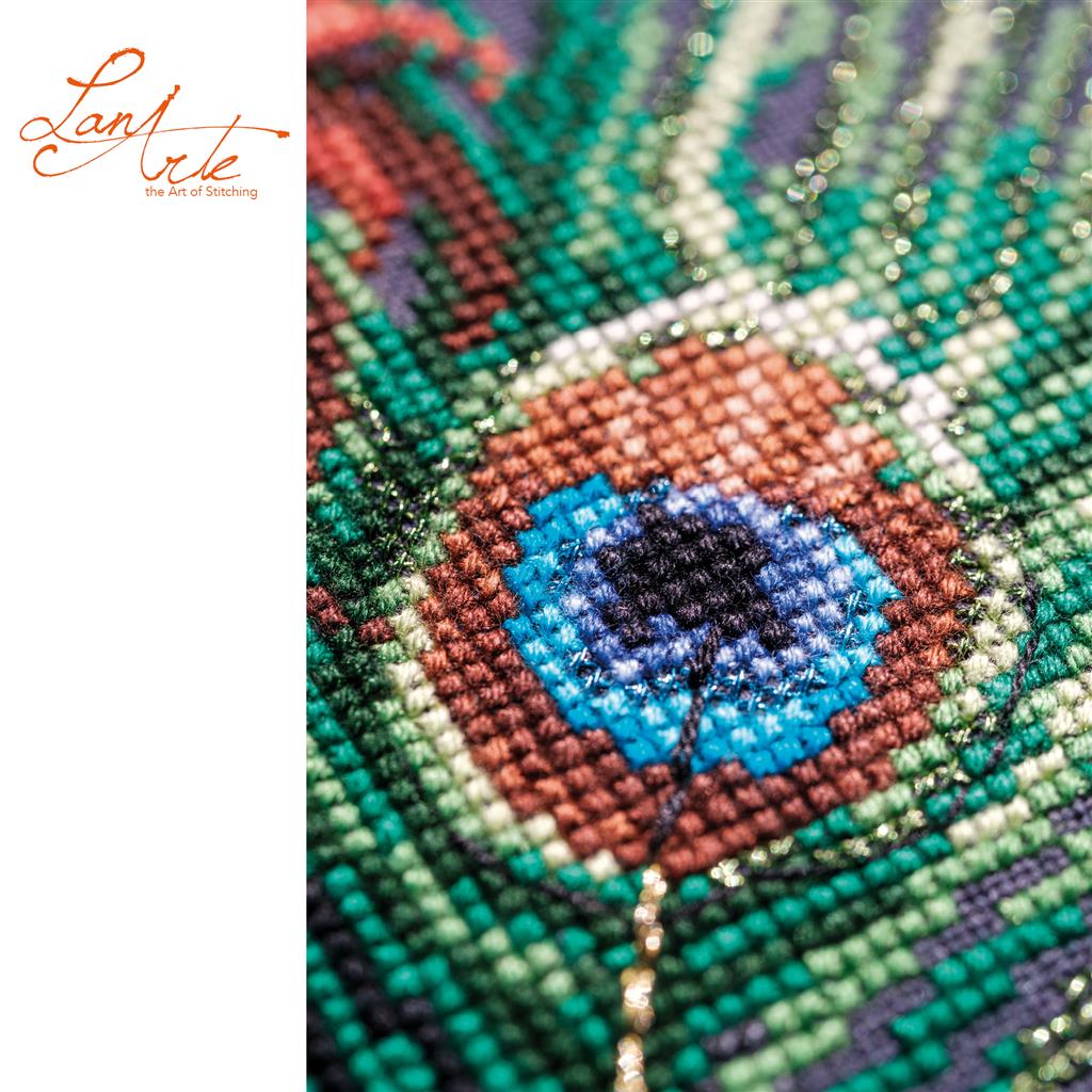 Lanarte The Peacock’s Muse Cross Stitch Kit with DMC threads and metallic accents