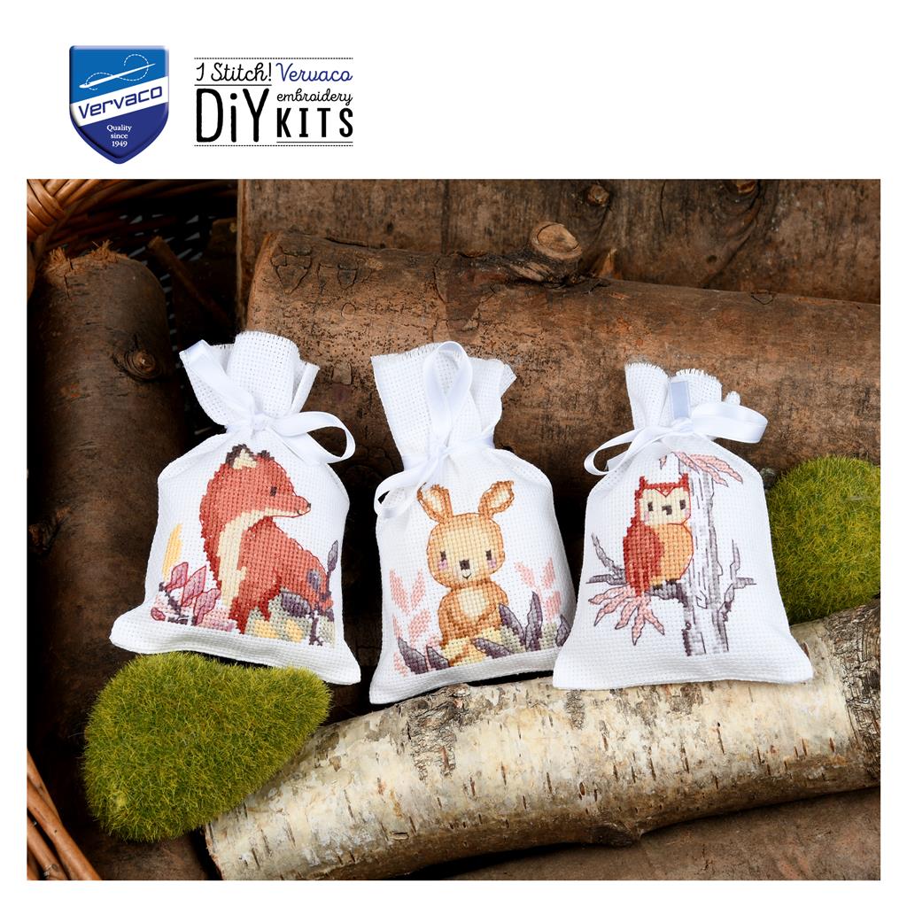 Kit de Sacs "Dans la Forêt" Set de 3 - Vervaco Point de Croix