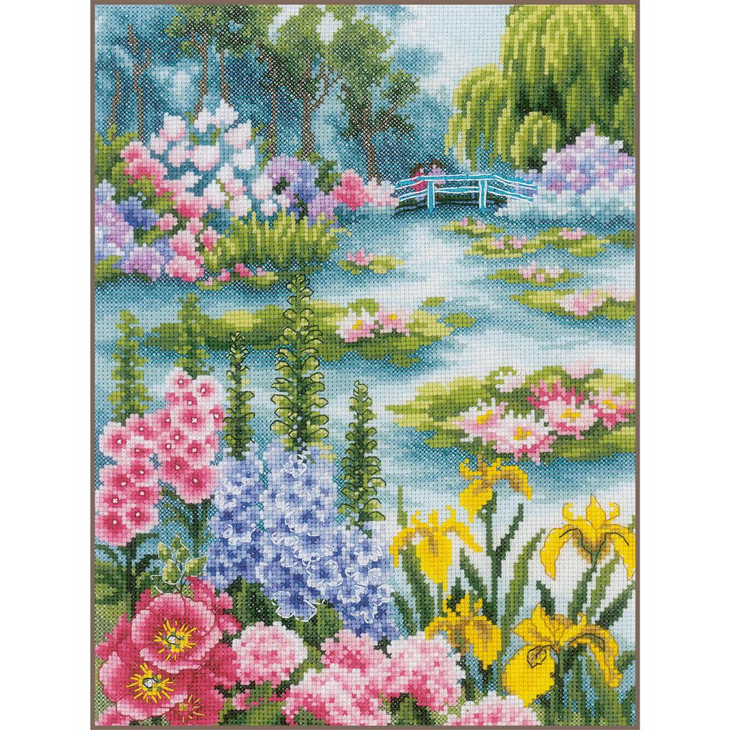Kit de punto de cruz Lanarte By the Water Lily Pond con paisaje de estanque, nenúfares, puente azul y flores de jardín.