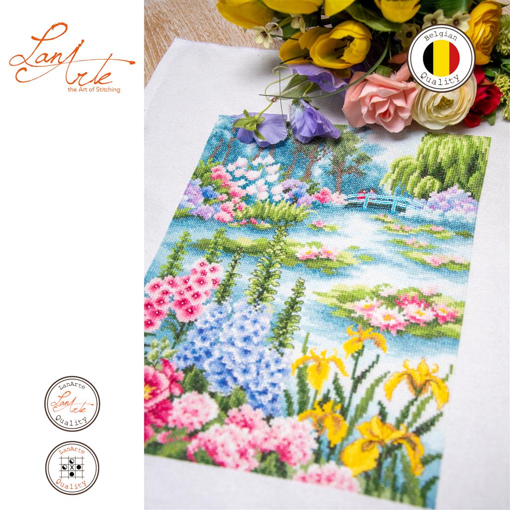 Lanarte Cross Stitch Kit By the Water Lily Pond with water lily pond