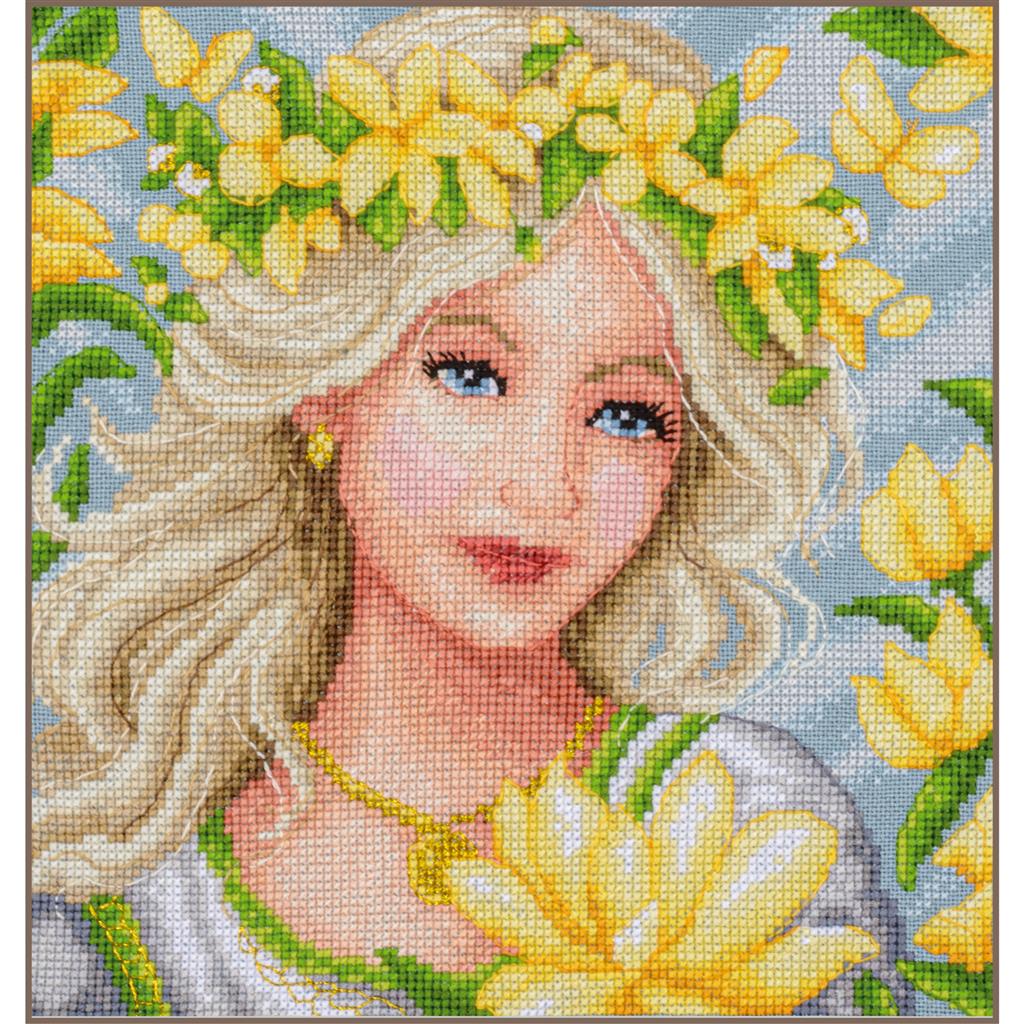 Kit de punto de cruz LanArte Romance Floración PN-0213462 con retrato femenino rodeado de flores primaverales sobre tela evenweave azul de 32 ct.