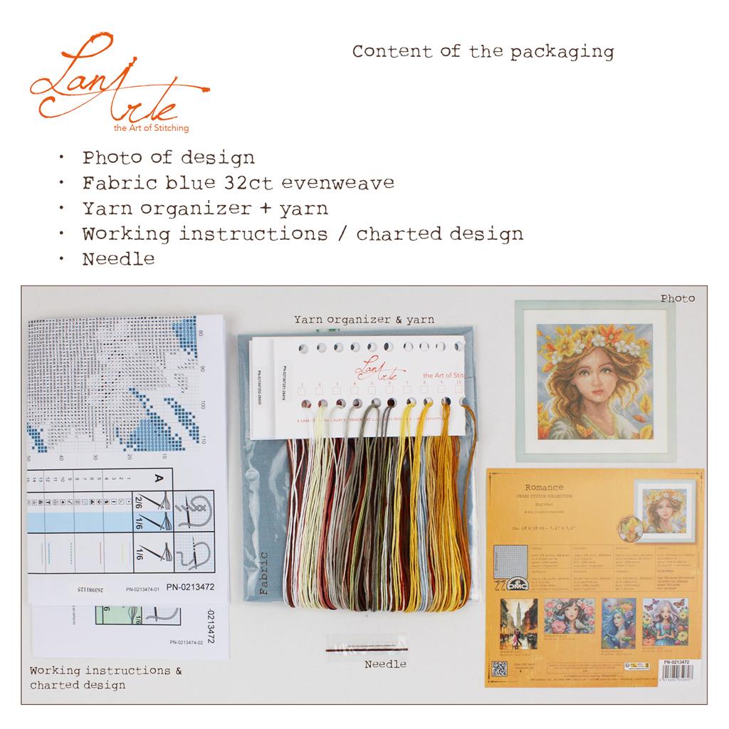 LanArte PN-0213472 Romance Cosecha – Kit de Punto de Cruz Contado 18 x 18 cm