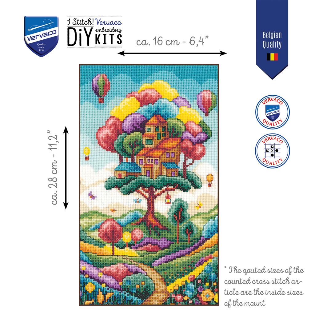 Vervaco Paisaje con Casa del Árbol – Kit de Punto de Cruz Contado 16 x 28 cm