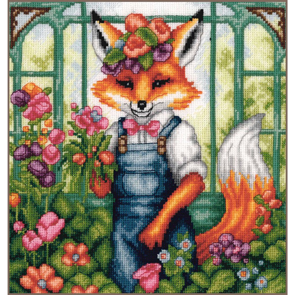 Kit de punto de cruz Lanarte Florian the Fox con zorro vestido de jardinero rodeado de flores en un invernadero.