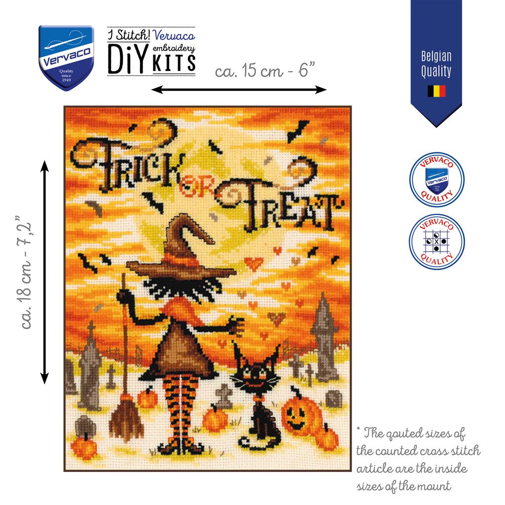 Vervaco Trick or Treat Halloween cross stitch kit with witch and black cat