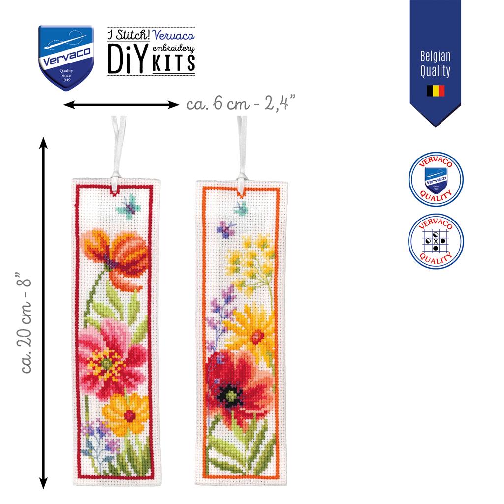 Kit de marque-pages Vervaco Coquelicots et fleurs sauvages, lot de 2 avec fleurs des champs