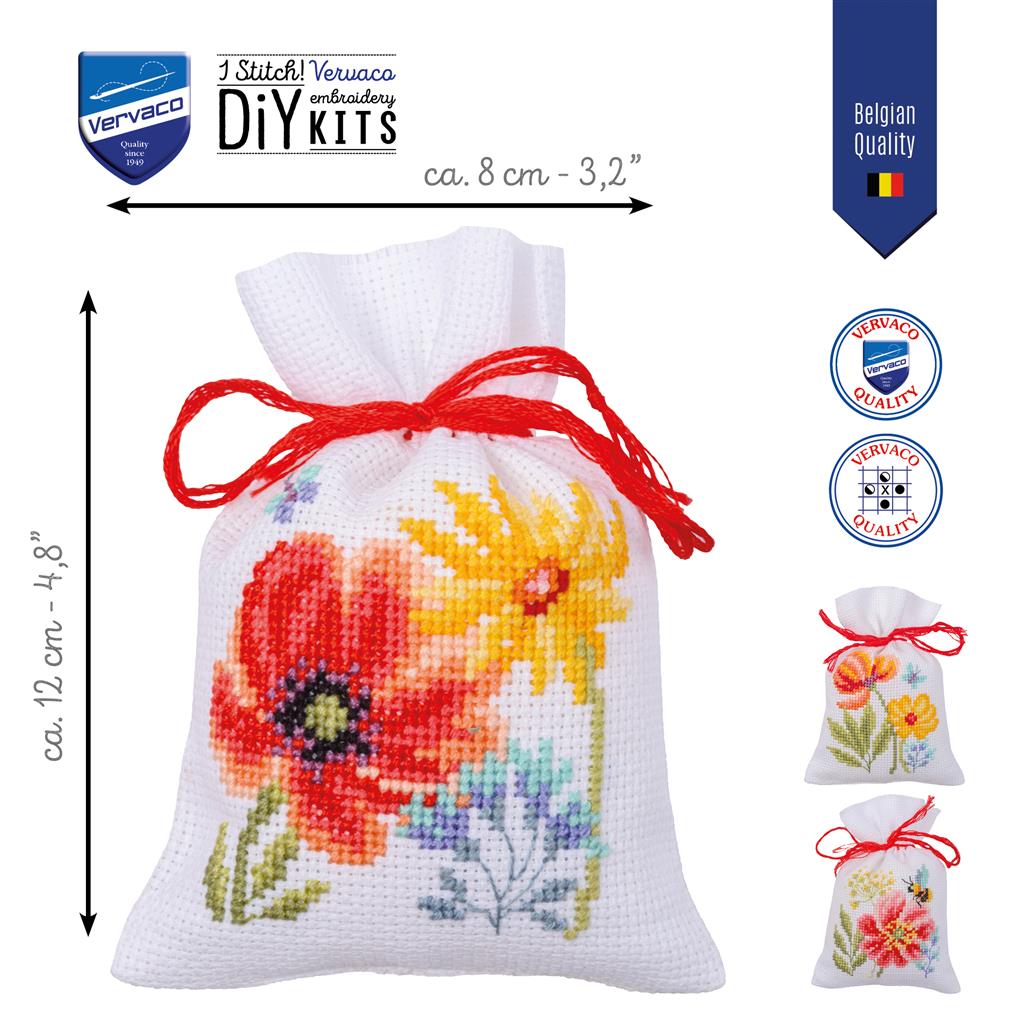 Kit bolsas Vervaco Poppies and Wildflowers set de 3 con amapolas y flores silvestres