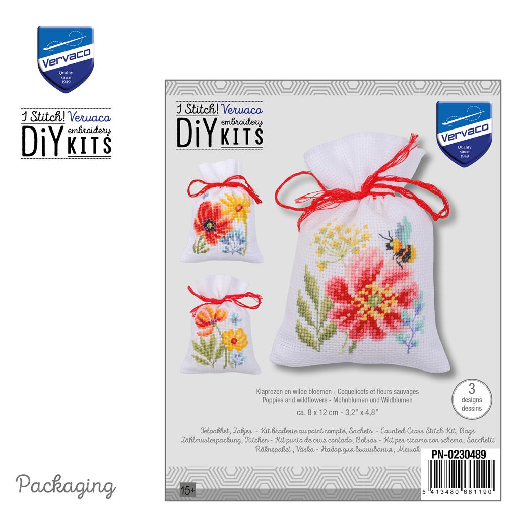 Kit bolsas Vervaco Poppies and Wildflowers set de 3 con amapolas y flores silvestres