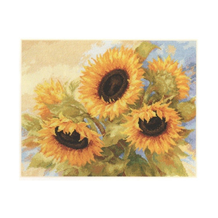 Kit de punto de cruz Alisa Sueños de girasoles S2-30 con ramo de girasoles amarillos sobre fondo luminoso