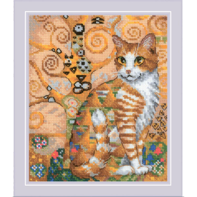 Kit de punto de cruz Golden Cat Riolis 2319 con gato naranja en estilo artístico sobre fondo ornamental en tela Aida blanca