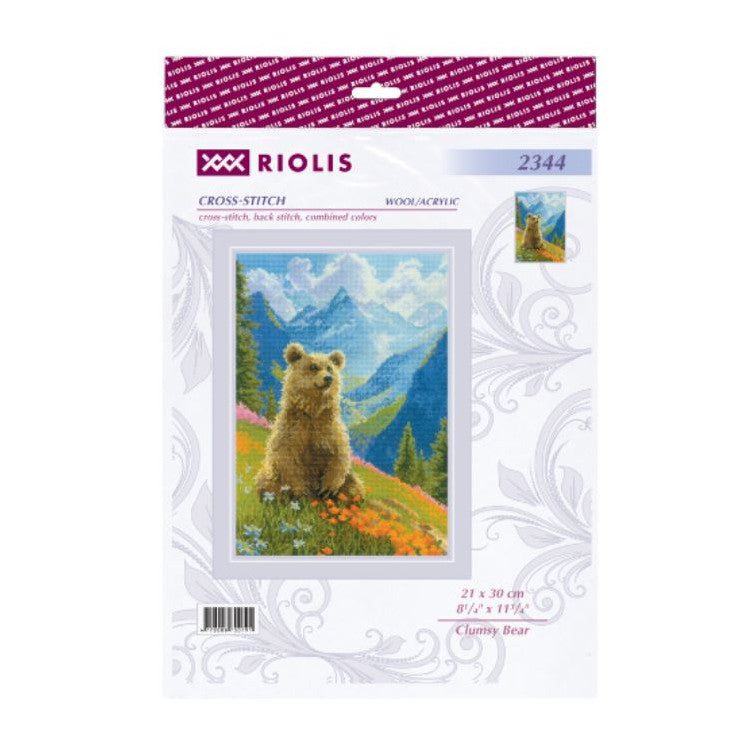 Kit de punto de cruz Riolis 2344 Clumsy Bear con oso en la montaña, 21 x 30 cm