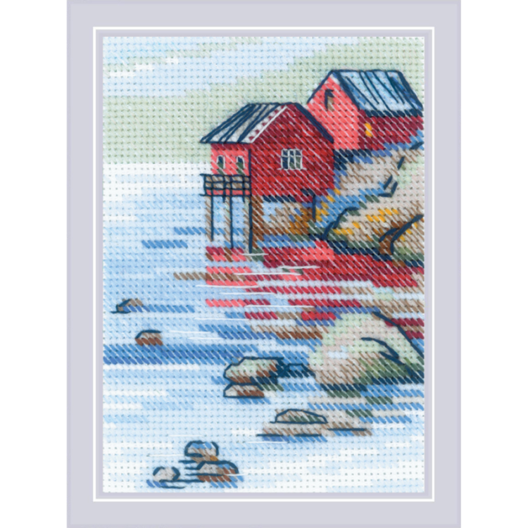 Riolis Cross Stitch Kit "By the Lake" 27x13 cm - Landscape with birds and lake