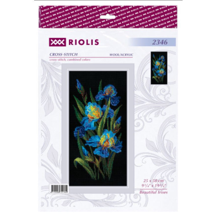 Riolis 2346 Beautiful Irises Cross Stitch Kit with blue irises, 25 x 50 cm